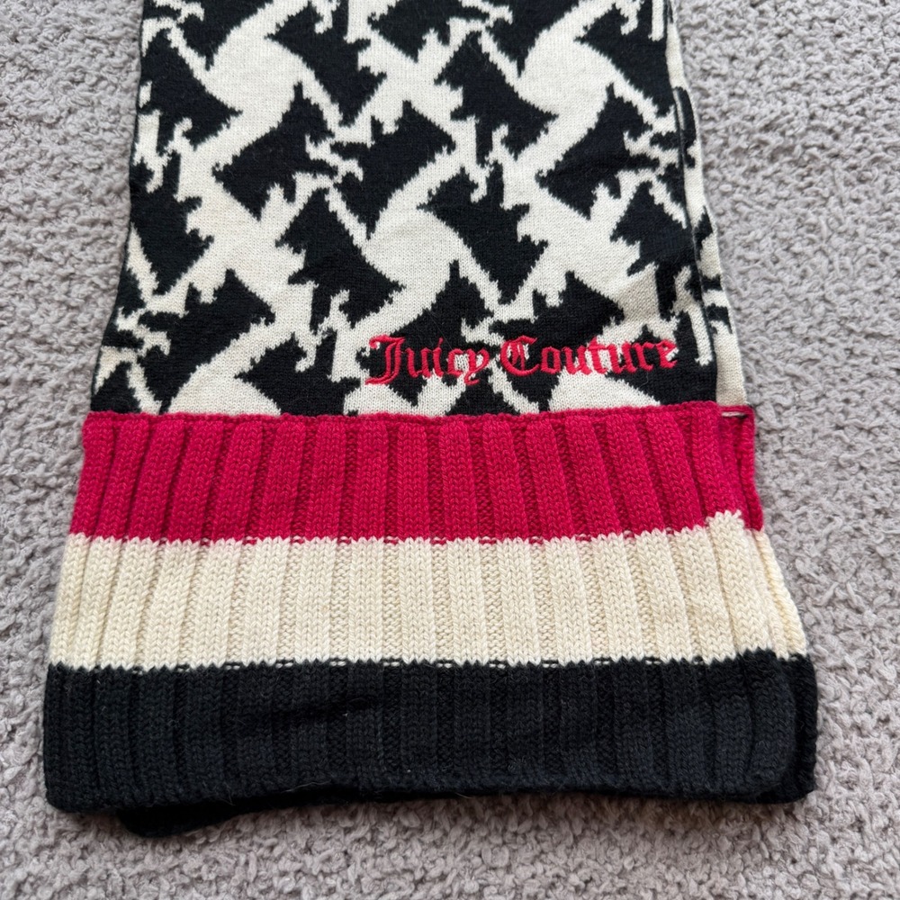 Juicy Couture Y2K Scottie Dog Houndstooth Wool Blend Scarf Black White Red